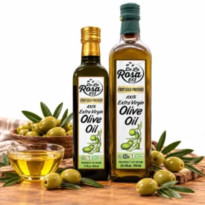 De La Rosa 613 first cold pressed extra virgin olive oil bottles with fresh olives and a bowl of olive oil