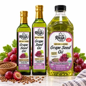 De La Rosa 613 grapeseed oil bottles with fresh grapes and grape seeds in a bright kitchen